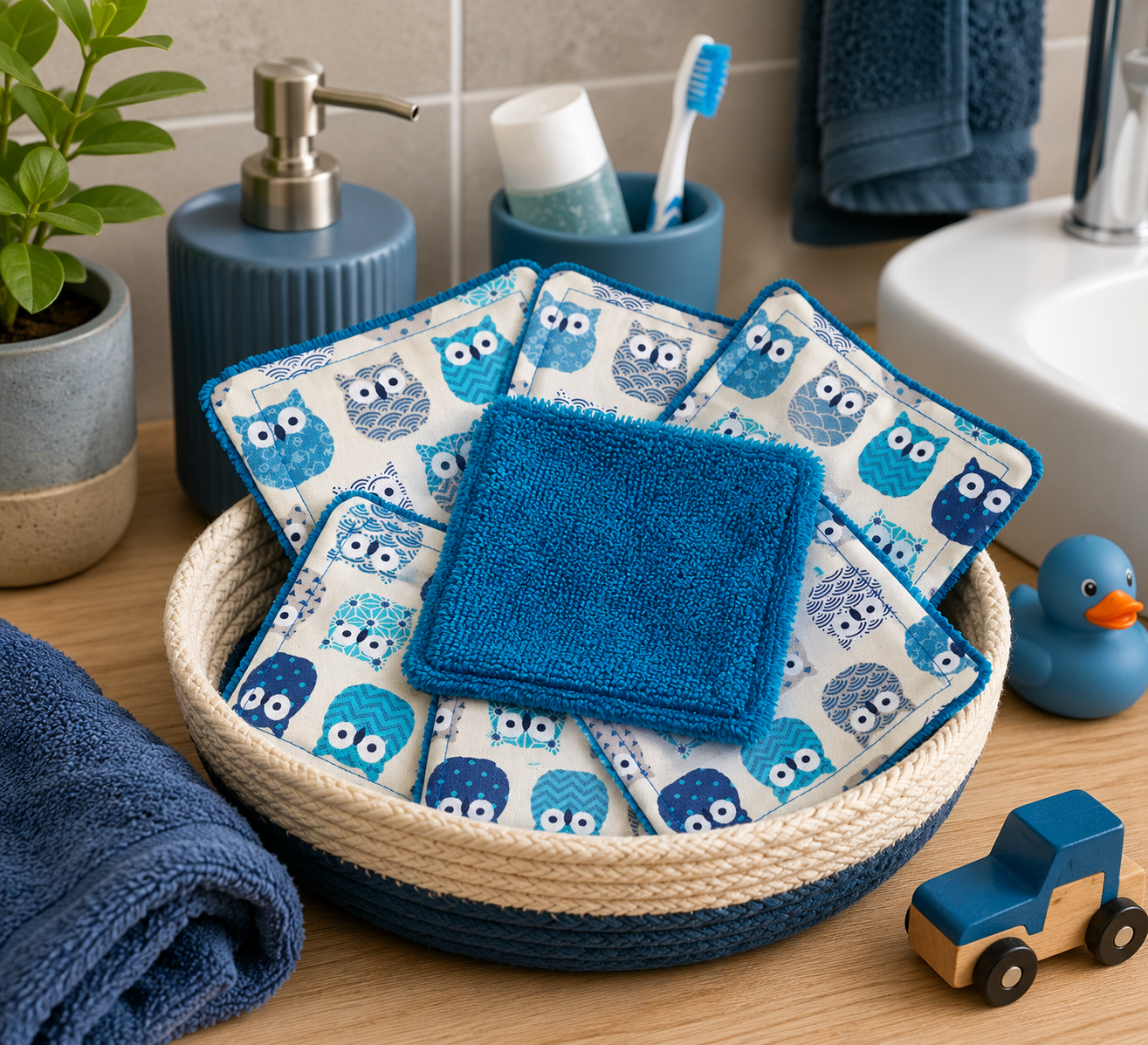 Lot de 7 cotons lavables - Hiboux bleu