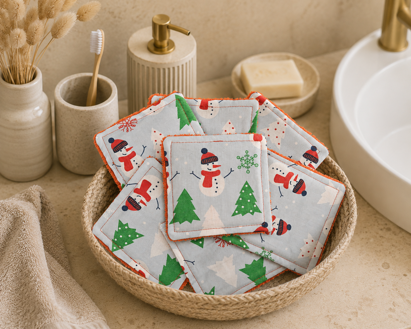 Lot de 7 cotons lavables - Sapin de noël vert